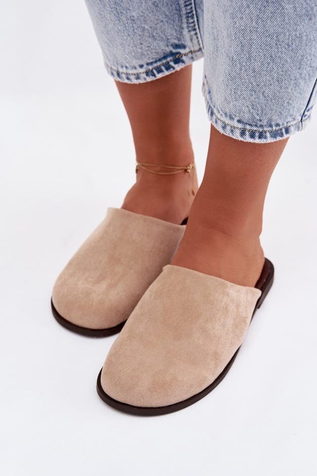 Love Lace Love Lace Women's Classic Faux Suede Flat Slip On Slippers with Rounded Toe in Beige - 3