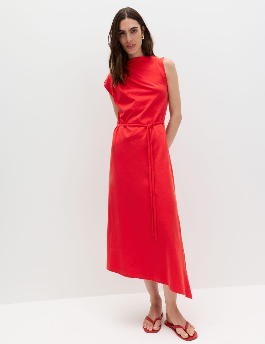 Marks & Spencer M&S Pure Cotton Tie Waist Midi Column Dress Chilli