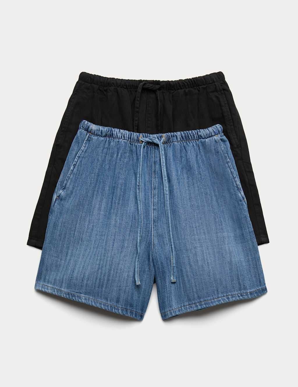 Marks & Spencer M&S 2 Pack Cotton Rich Pull On Denim Shorts Indigo Mix