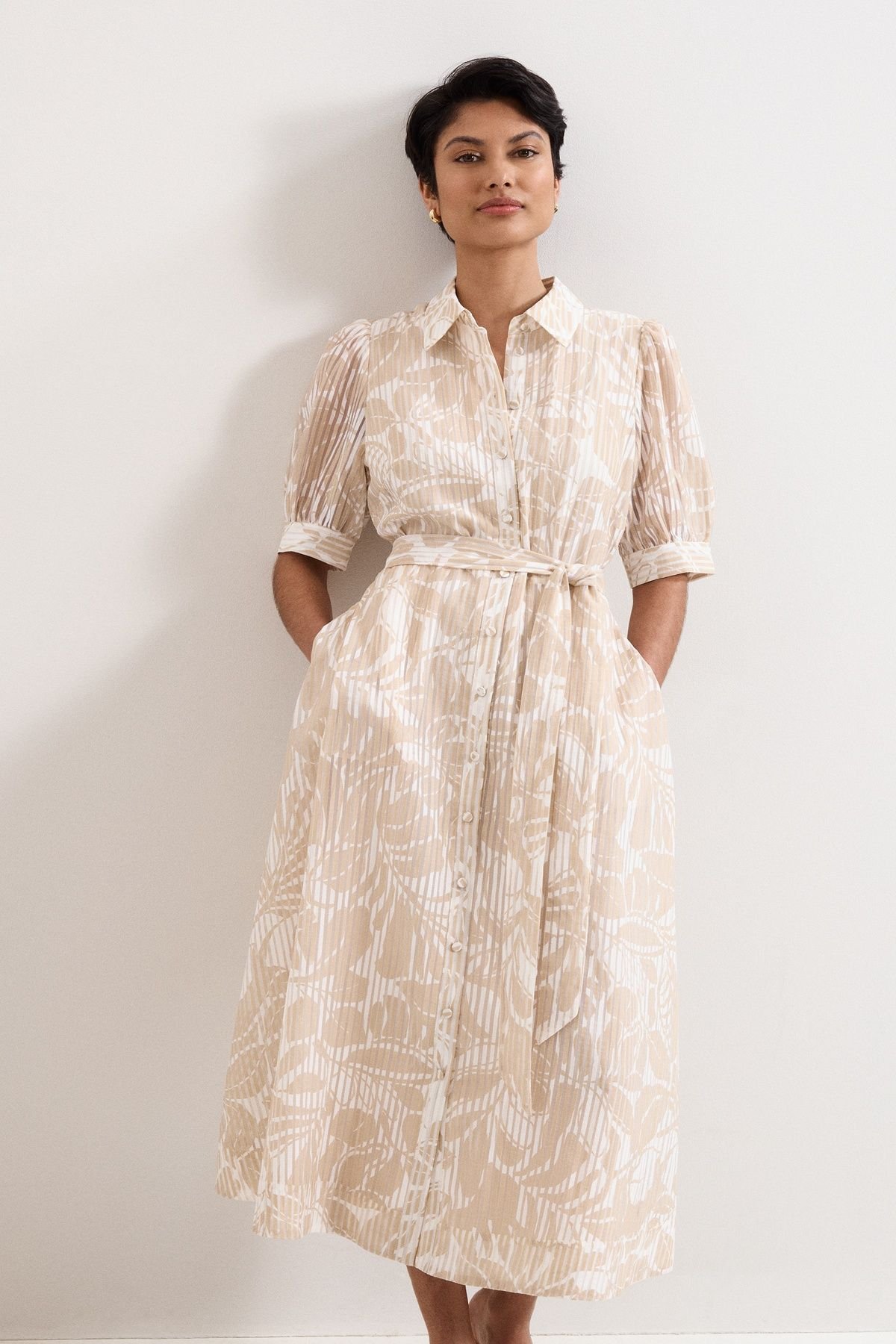 Phase Eight Phase Eight Women's Delphine Belted Midi Shirt Dress in Light Beige - 3