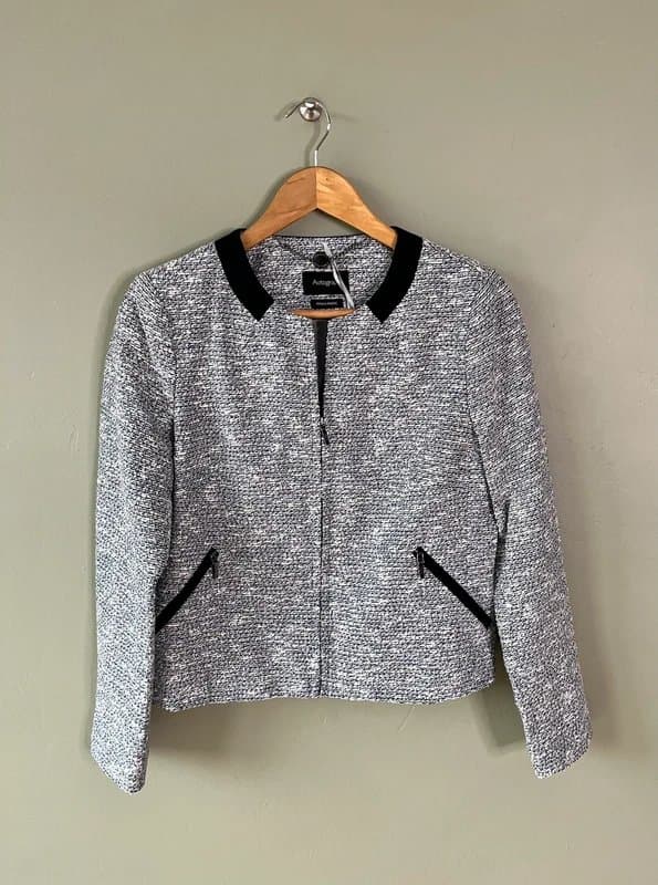 Autograph Autograph M&S Bouclé Tweed Jacket Size 12 Cotton Blend Navy Blue & White Zip Up VGC