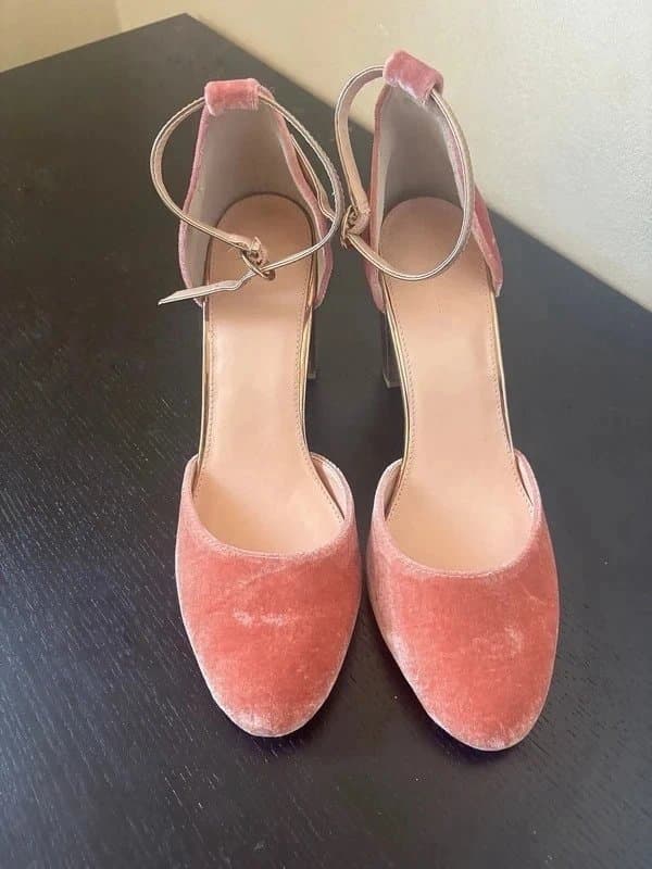 ASOS Gorgeous pink velvet and rose gold ankle strap block heels