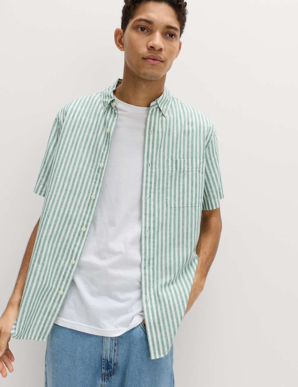 Marks & Spencer M&S Regular Fit Linen Rich Short Sleeve Shirt Green Mix