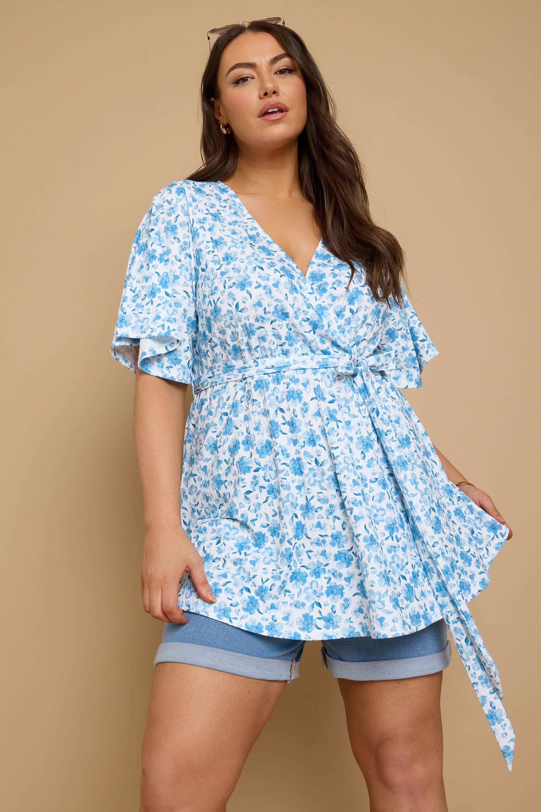 Yours Plus Size Blue Floral Print Ribbed Wrap Top