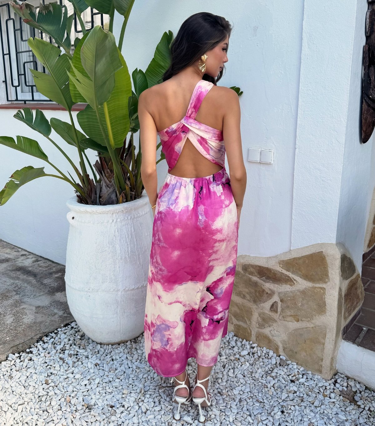 AX Paris Women's Pink Marble Print Twist Back Asymmetric Midi Dress AX Paris New Look - 3