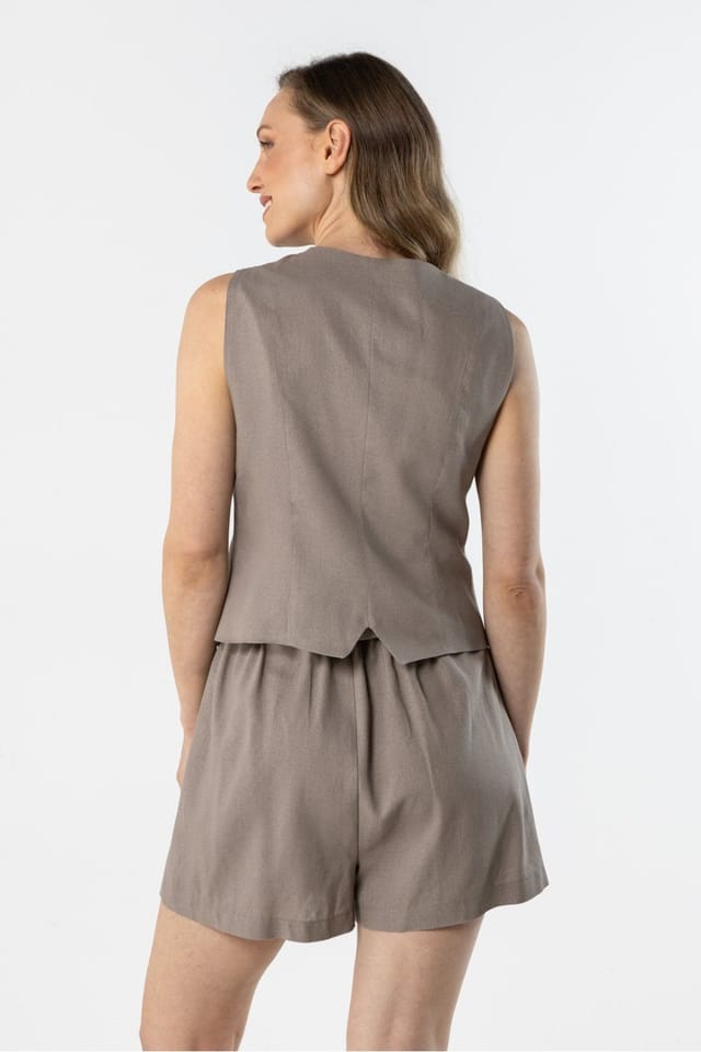 Love Lace Love Lace Women's Tailored Linen Button Vest with Fitted Lining in Taupe - 3