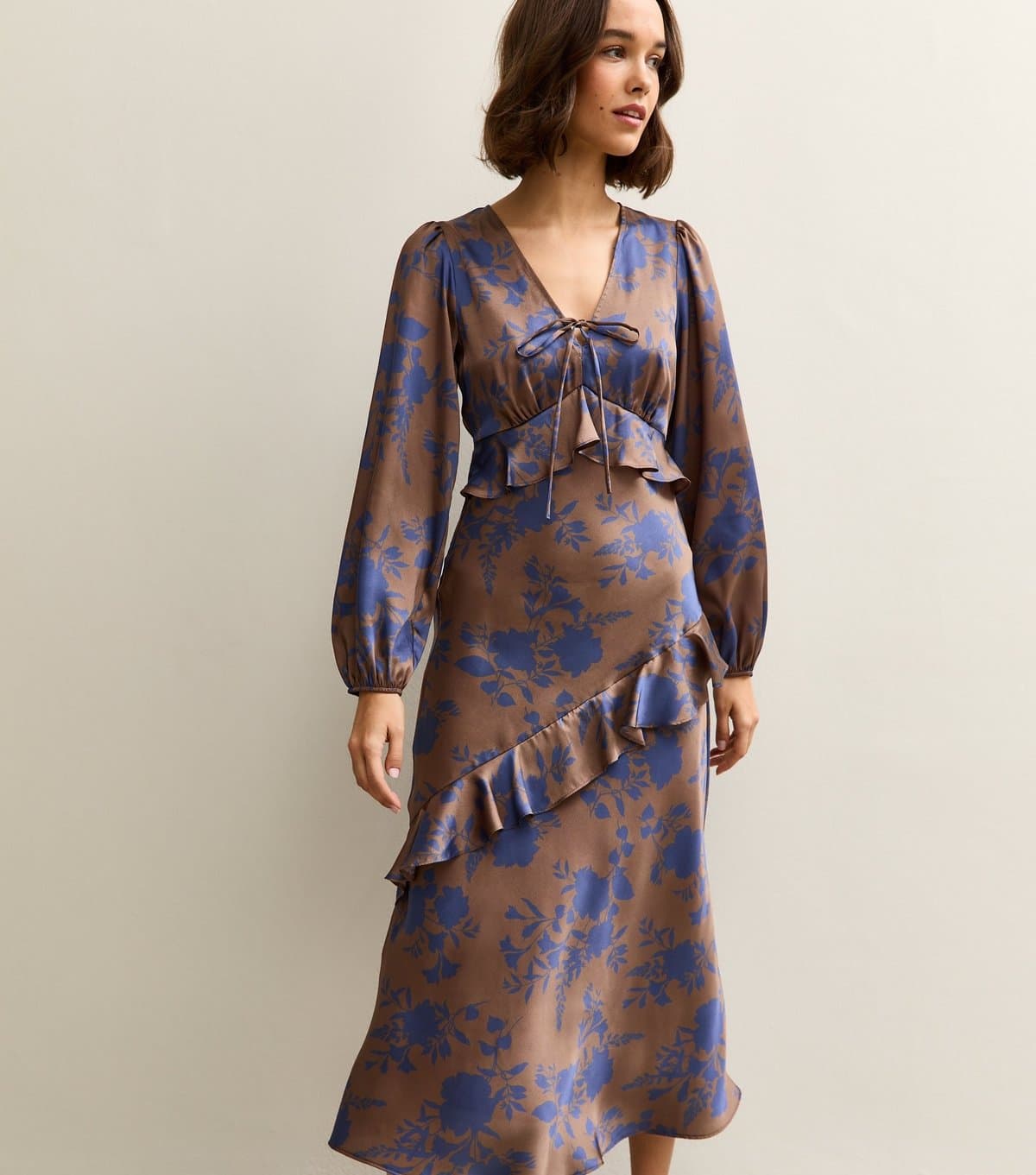 New Look Women's Brown Floral Satin Ruffled Midi Dress New Look