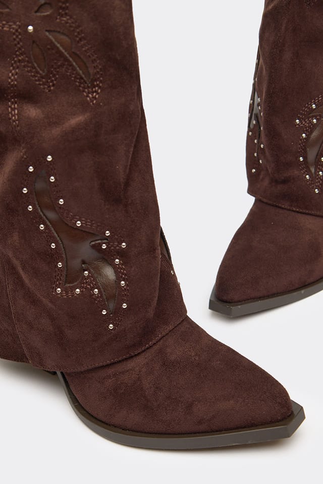 EGO EGO Women's Western Cowboy Cut Out Faux Suede Block Heel Boots in Dark Brown - 3