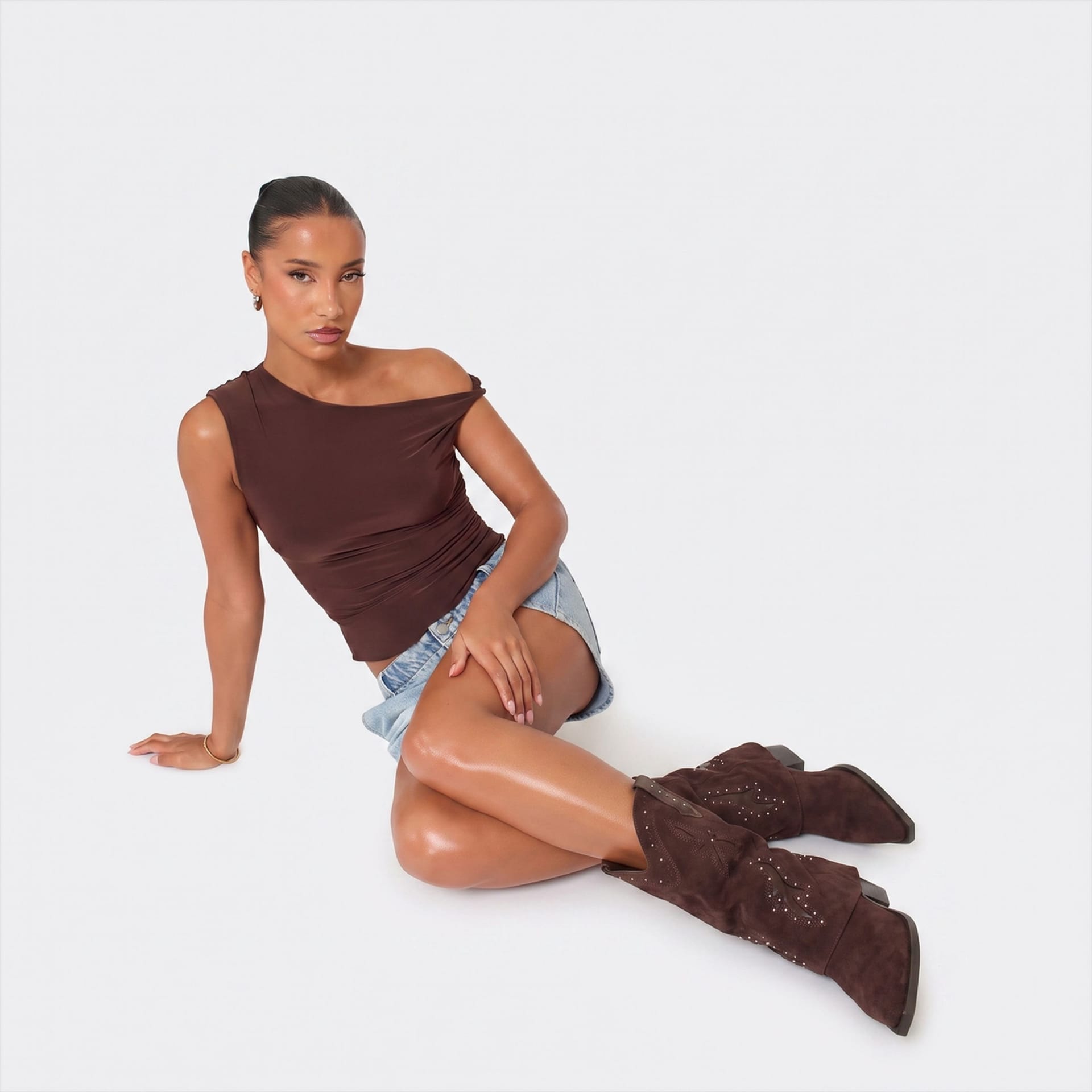 EGO EGO Women's Western Cowboy Cut Out Faux Suede Block Heel Boots in Dark Brown - 4