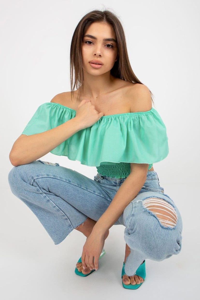 Love Lace Love Lace Women's Off Shoulder Ruffle Cotton Boho Blouse in Green - 1