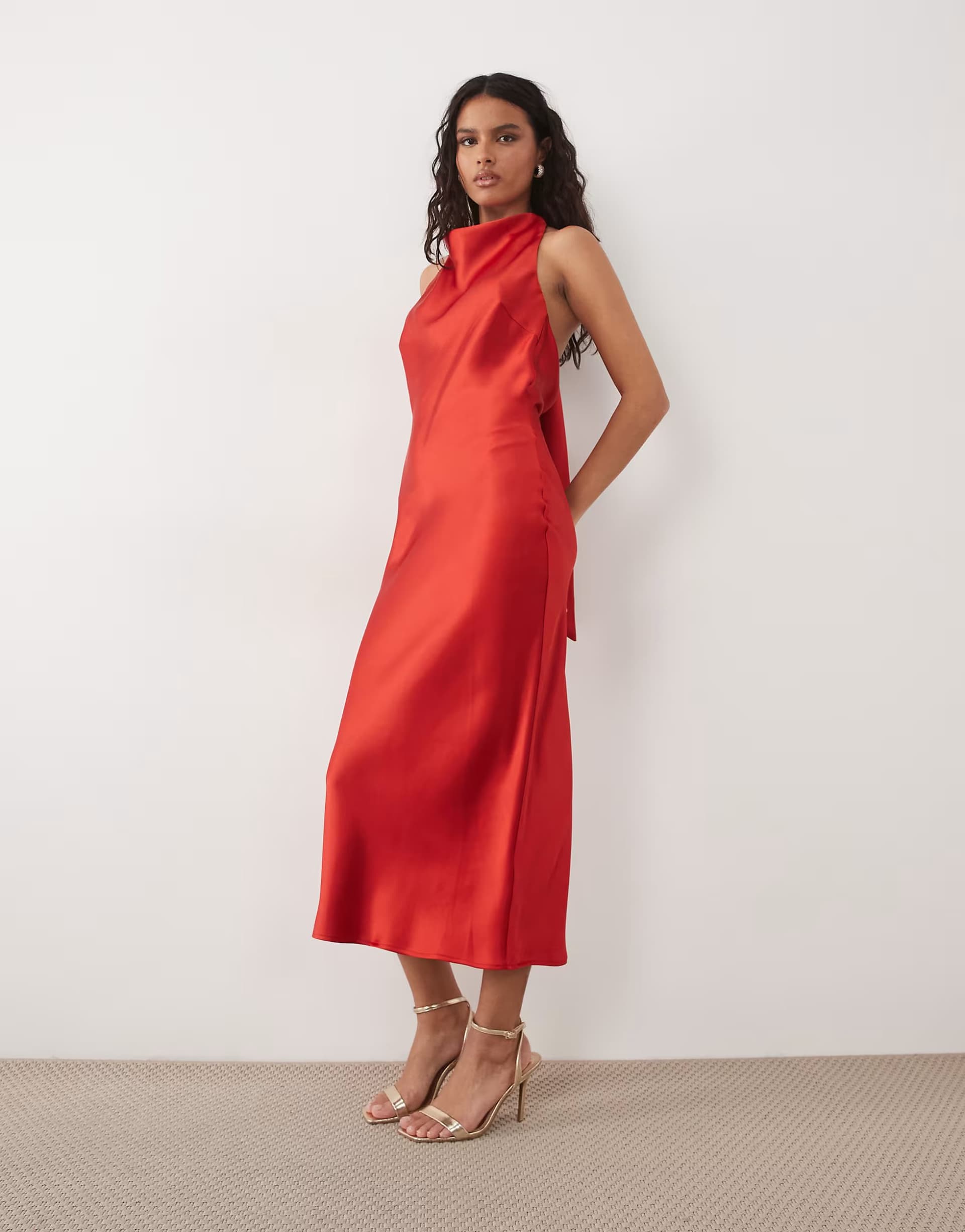 ASOS Pretty Lavish Edita satin halter cowl neck low back midaxi dress in red