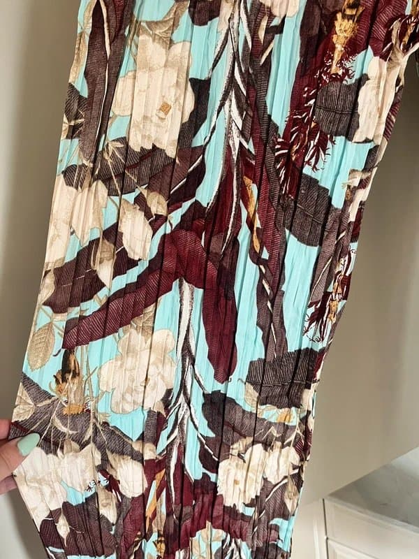 Made In Italy Made in Italy Blue Burgundy Brown Jungle Floral Pleated Wide Leg Trousers One Size 8-20