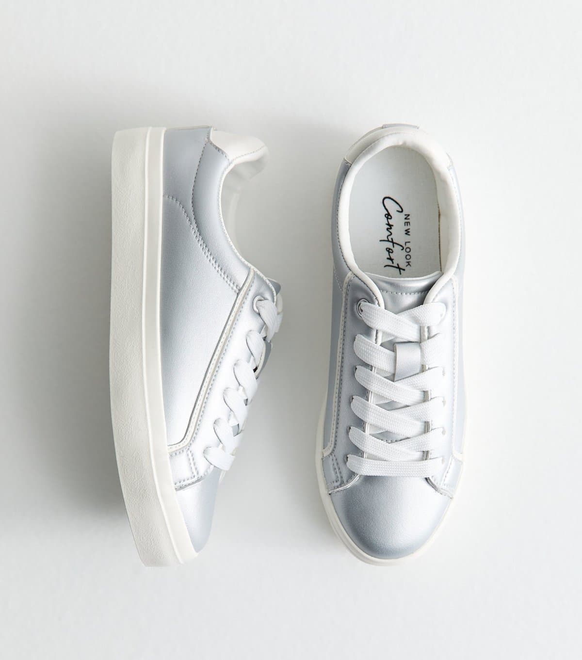 New Look Women's Silver Faux Leather Contrast Heel Tab Trainers Vegan New Look