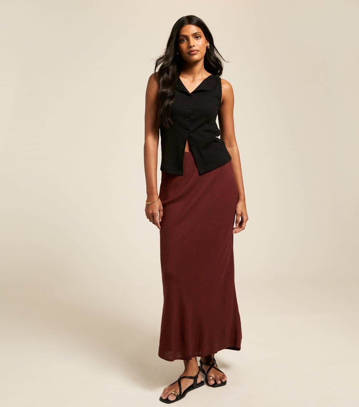 New Look Women's Dark Brown Linen Blend Bias Cut Midi Skirt New Look