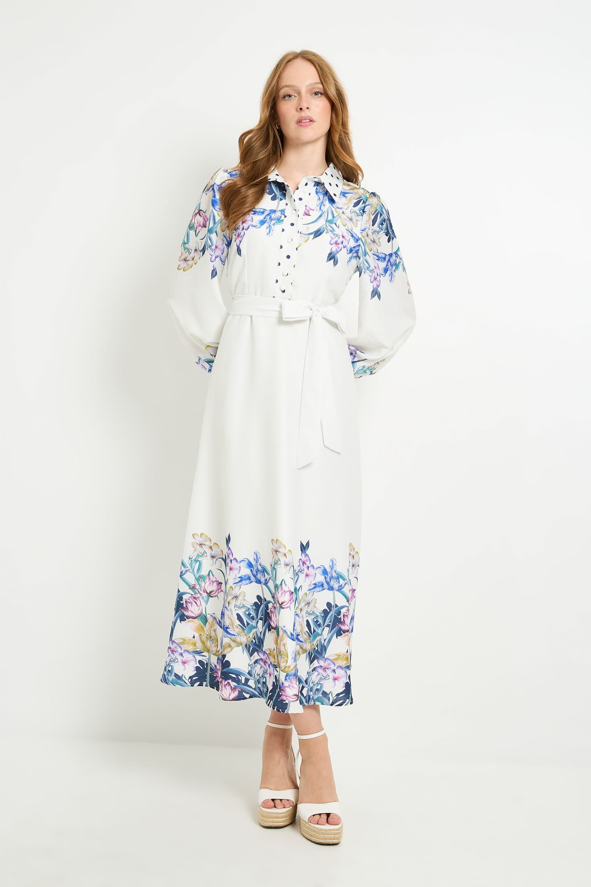 Wallis Wallis Women's Floral Belted Midi Shirt Dress in Ivory