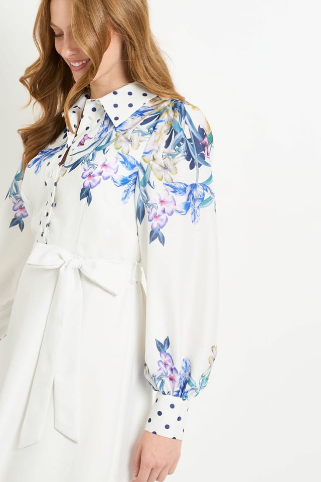 Wallis Wallis Women's Floral Belted Midi Shirt Dress in Ivory - 2