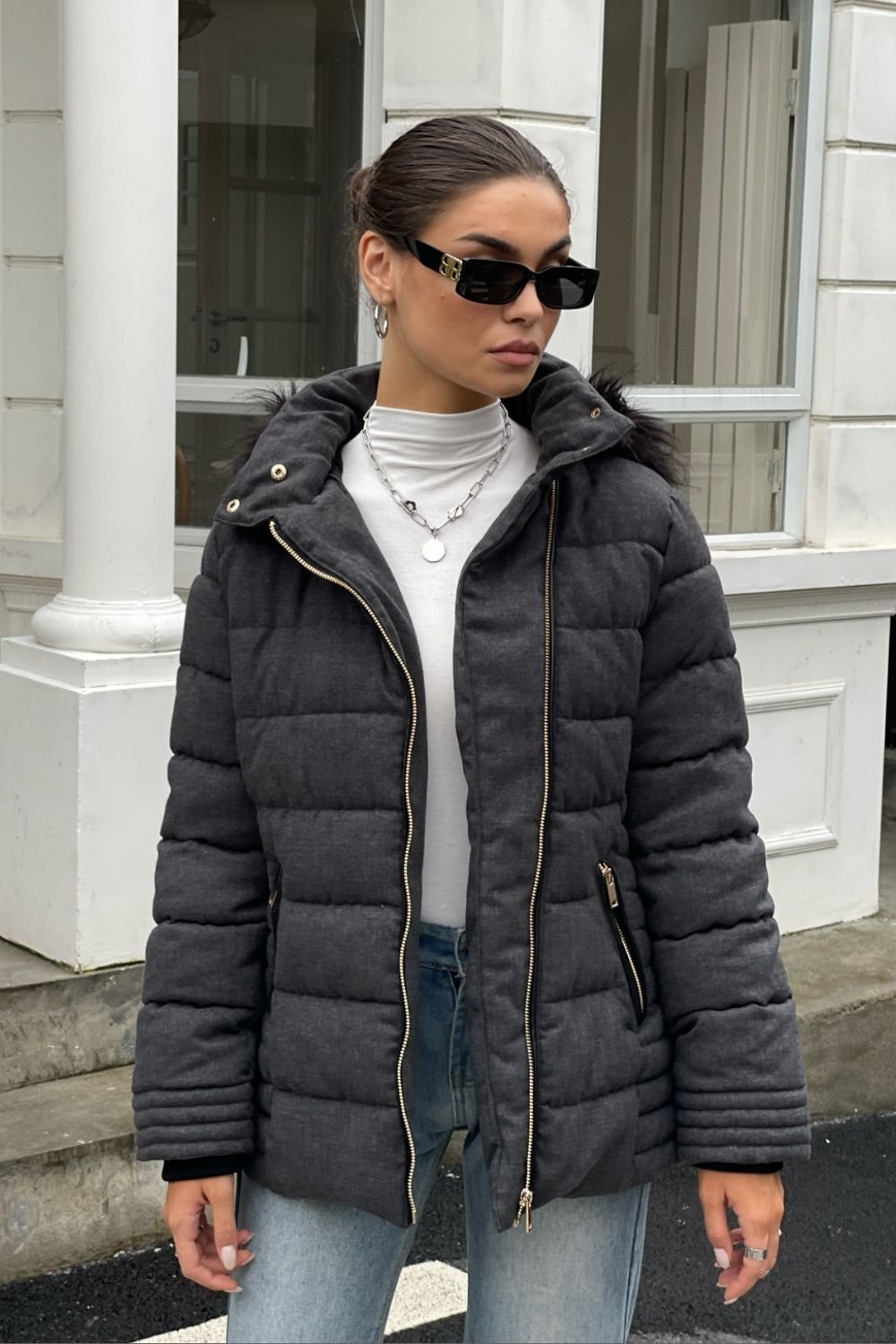 OUTTA BOX OUTTA BOX Women's Women's Hooded Padded Coat - Mid Length Winter Warm Jacket in Dark Grey - 2