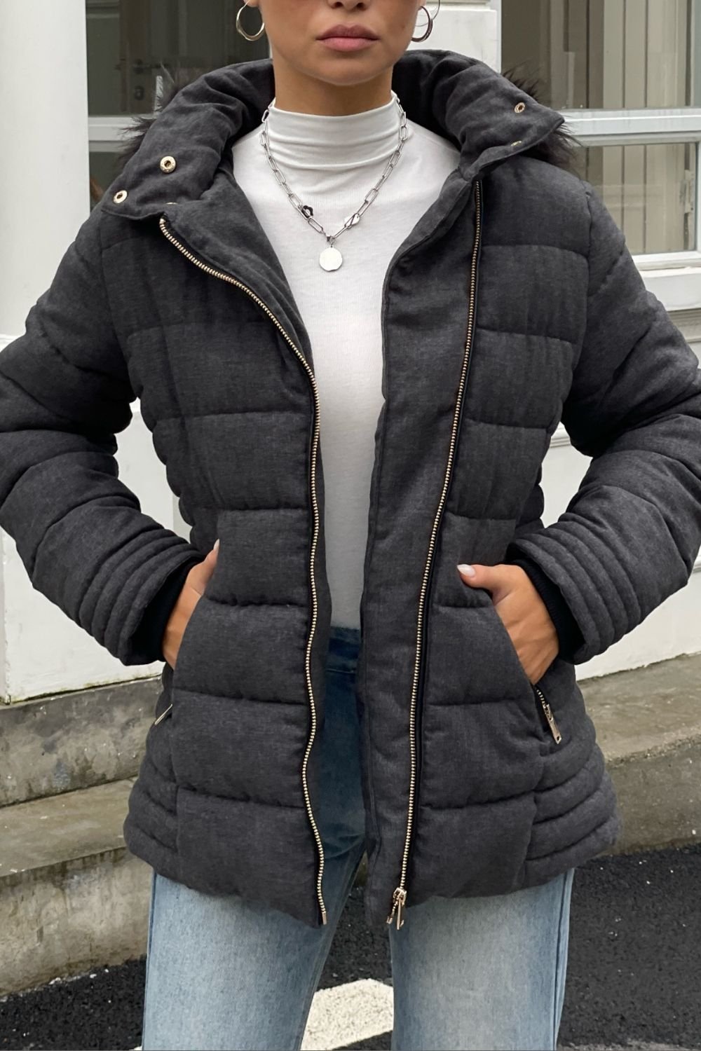 OUTTA BOX OUTTA BOX Women's Women's Hooded Padded Coat - Mid Length Winter Warm Jacket in Dark Grey - 3