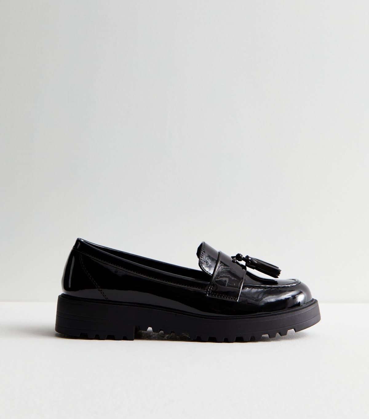 New Look Women's Black Patent Tassel Trim Chunky Loafers School New Look