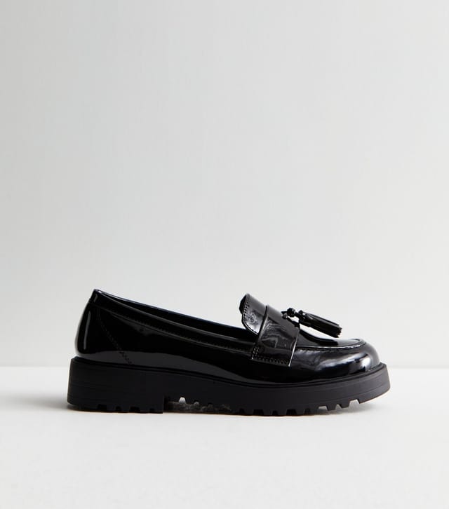 New Look Women's Black Patent Tassel Trim Chunky Loafers School New Look - 2