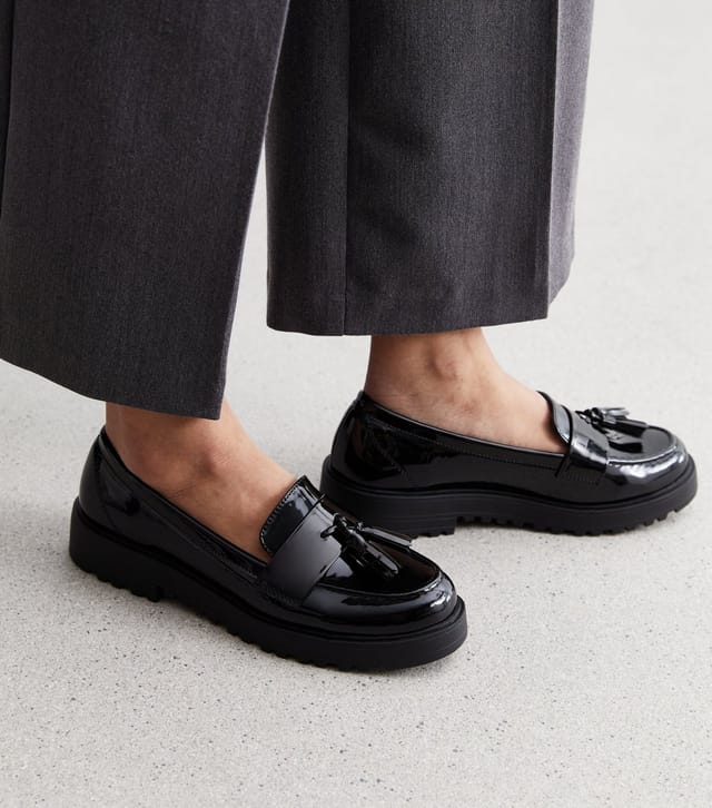 New Look Women's Black Patent Tassel Trim Chunky Loafers School New Look - 3
