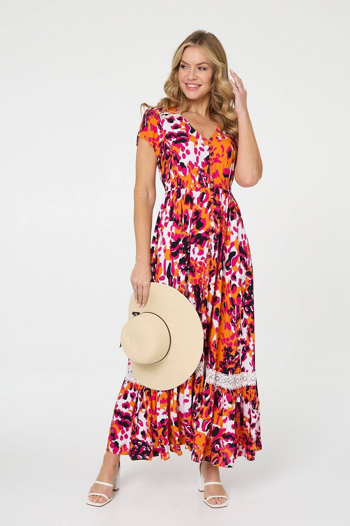 Izabel London Animal Print Lace Trim V-Neck Maxi Dress In Orange