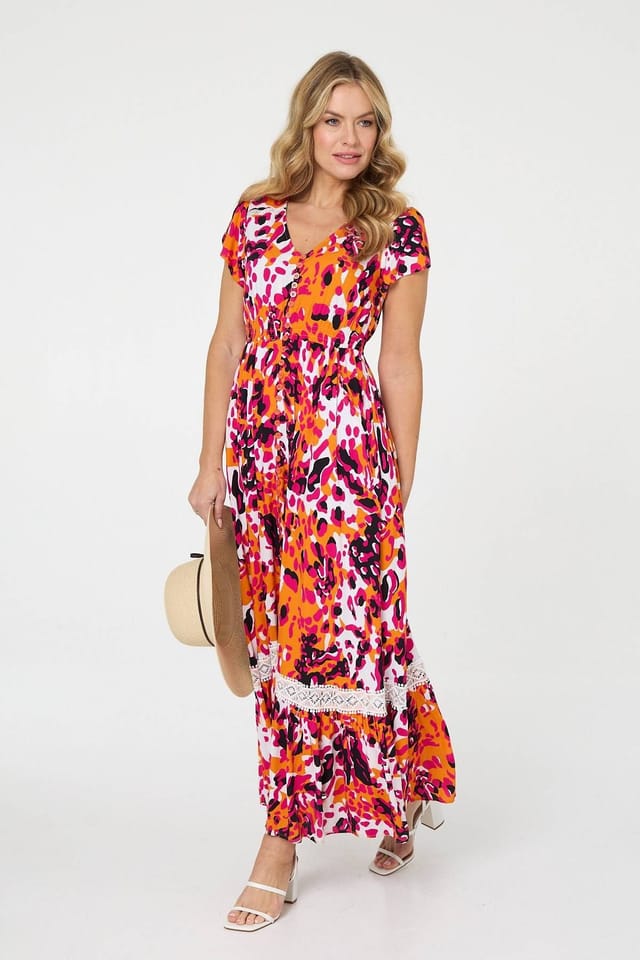Izabel London Izabel London Women's Animal Print Lace Trim V-Neck Maxi Dress in Orange - 2