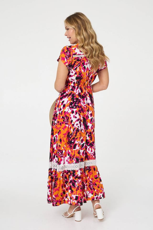 Izabel London Izabel London Women's Animal Print Lace Trim V-Neck Maxi Dress in Orange - 3