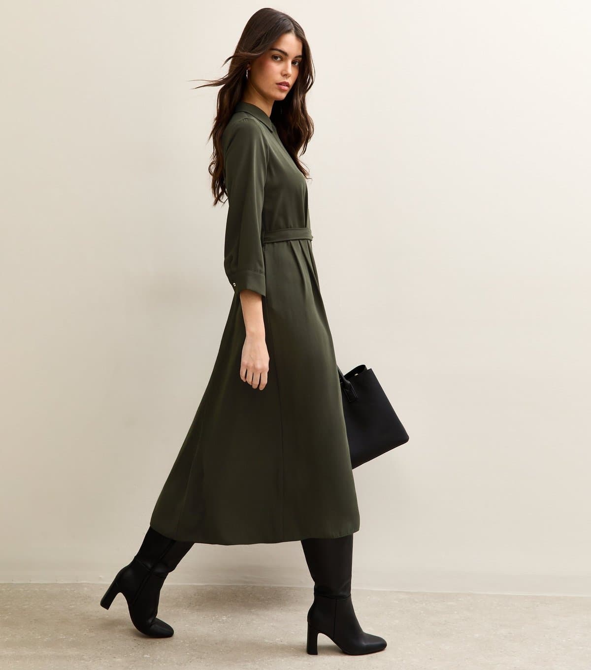 New Look Women's Dark Khaki Long Sleeve Crepe Midi Shirt Dress New Look