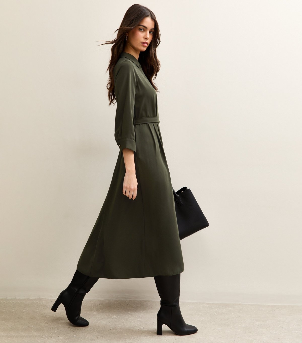 New Look Women's Dark Khaki Long Sleeve Crepe Midi Shirt Dress New Look - 2