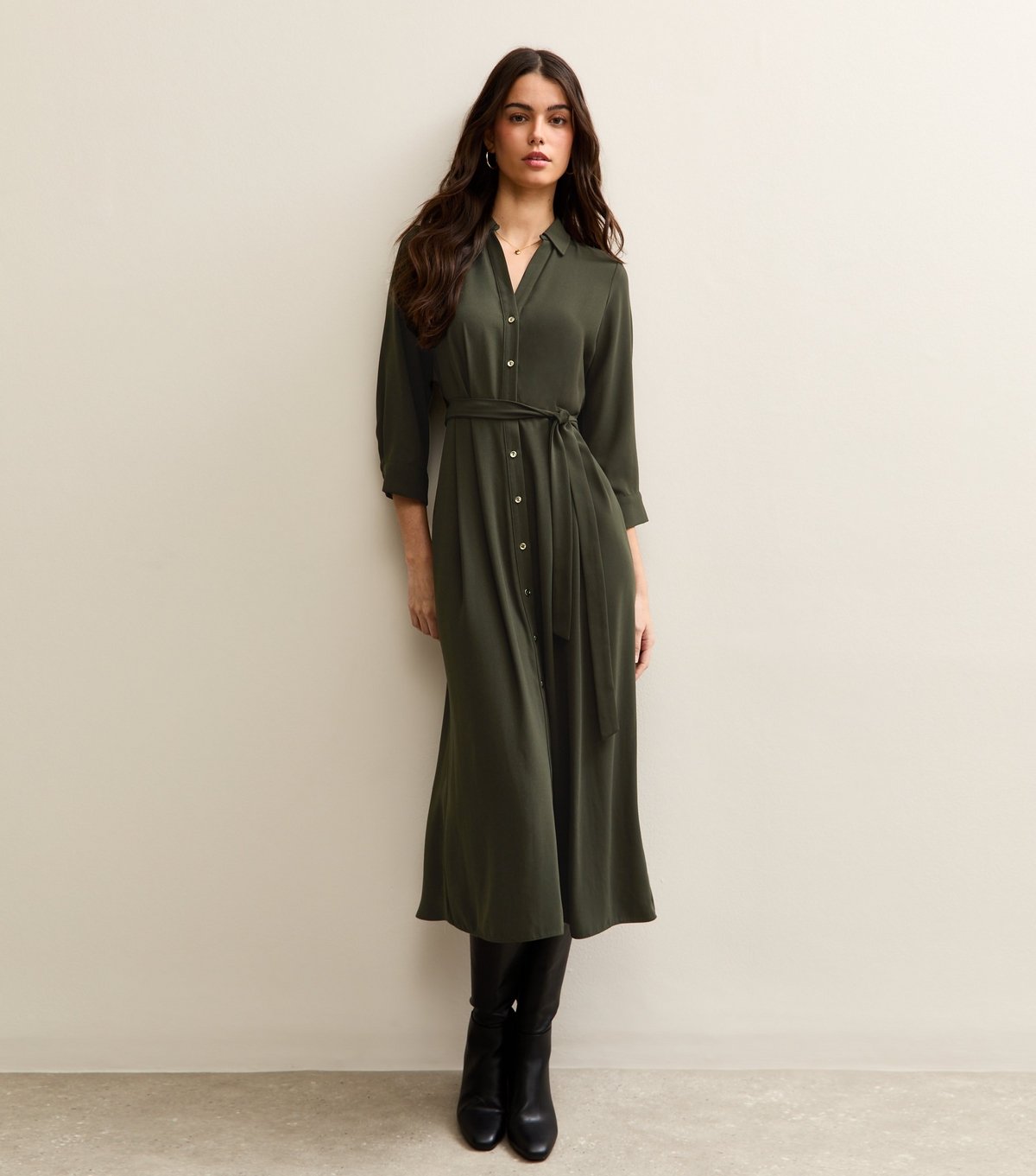 New Look Women's Dark Khaki Long Sleeve Crepe Midi Shirt Dress New Look - 3