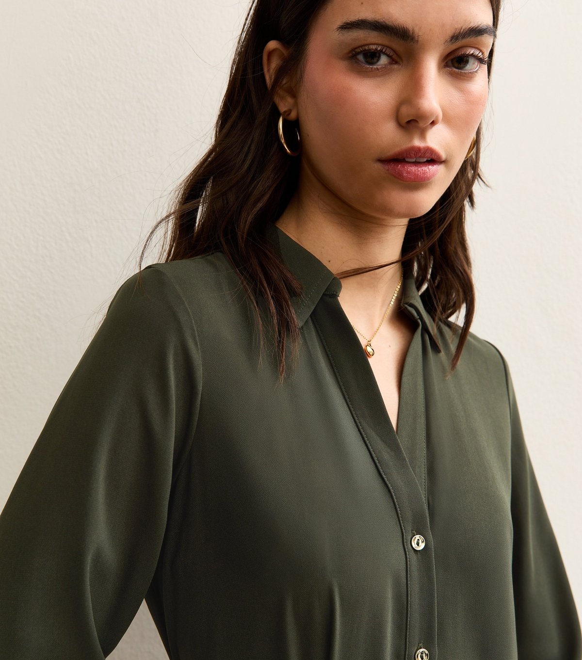 New Look Women's Dark Khaki Long Sleeve Crepe Midi Shirt Dress New Look - 4