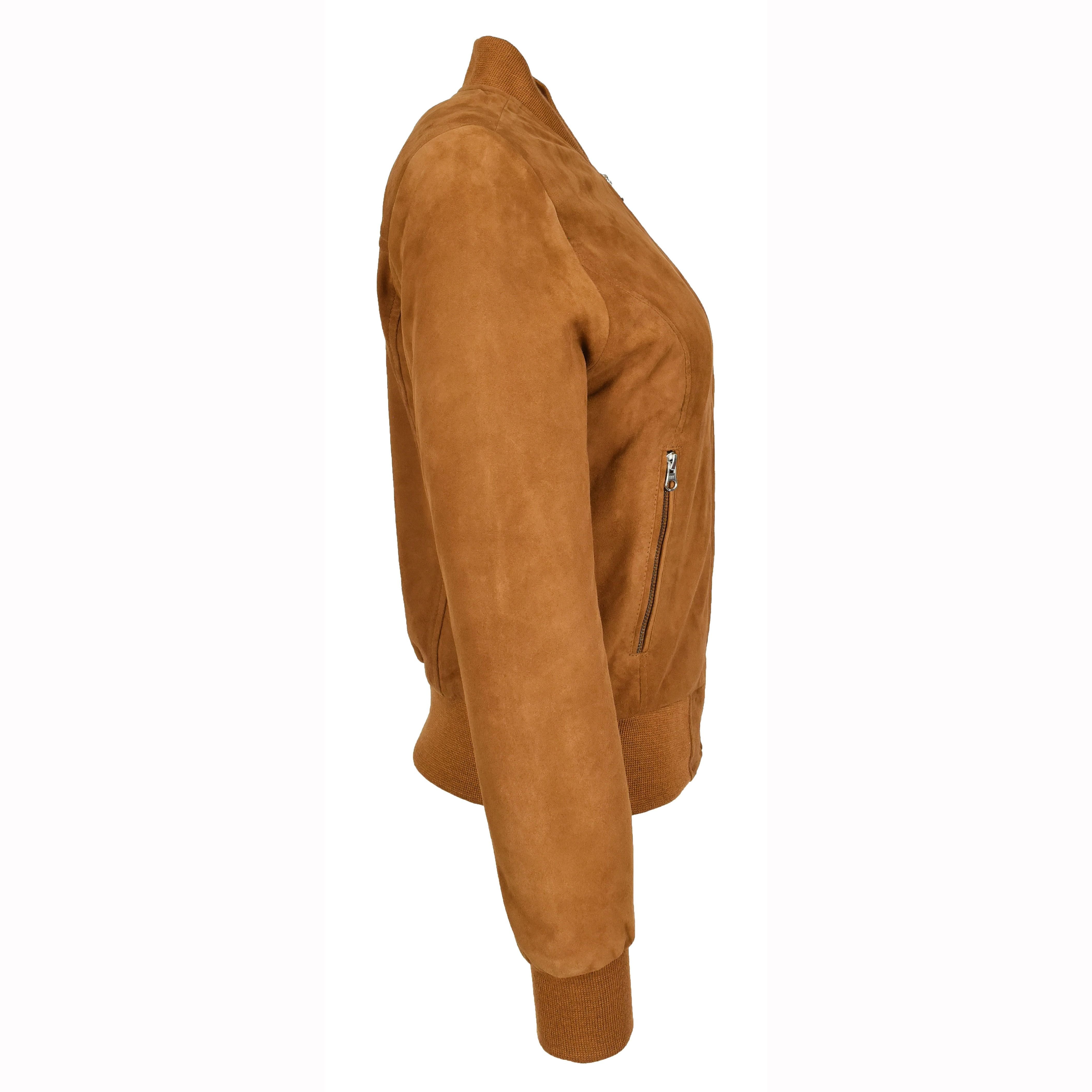 House of Leather House of Leather Women's Goat Suede Bomber Jacket Faye Cognac 18 in Tan - 3