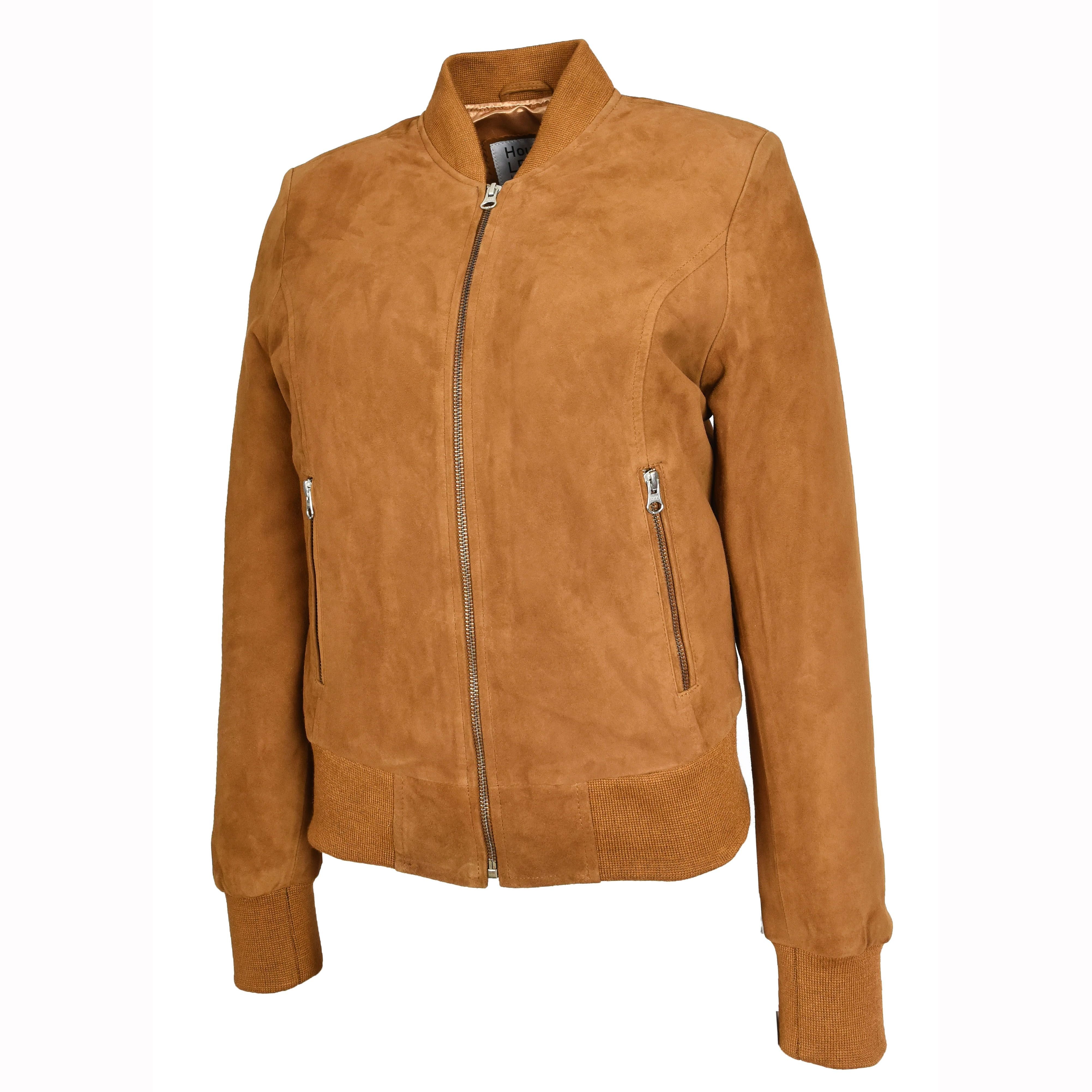 House of Leather House of Leather Women's Goat Suede Bomber Jacket Faye Cognac 18 in Tan - 4