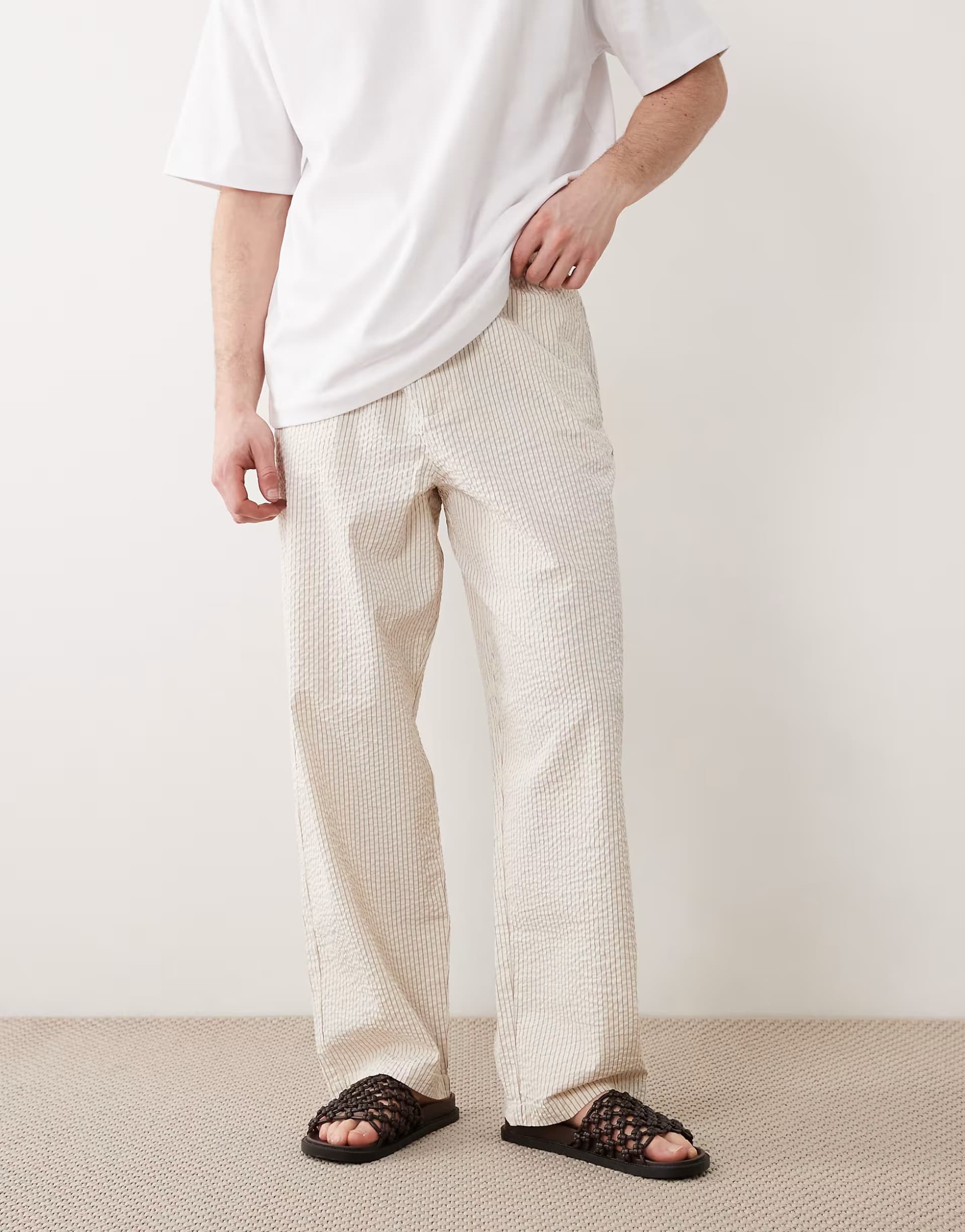 ASOS ASOS DESIGN textured loose straight trousers in cream stripe