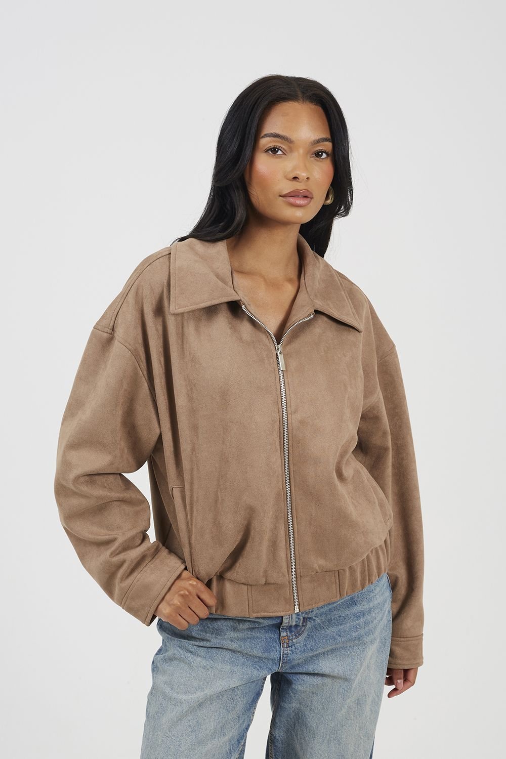 Brave Soul Brave Soul Women's Faux Suede Bomber Jacket in Taupe - 2