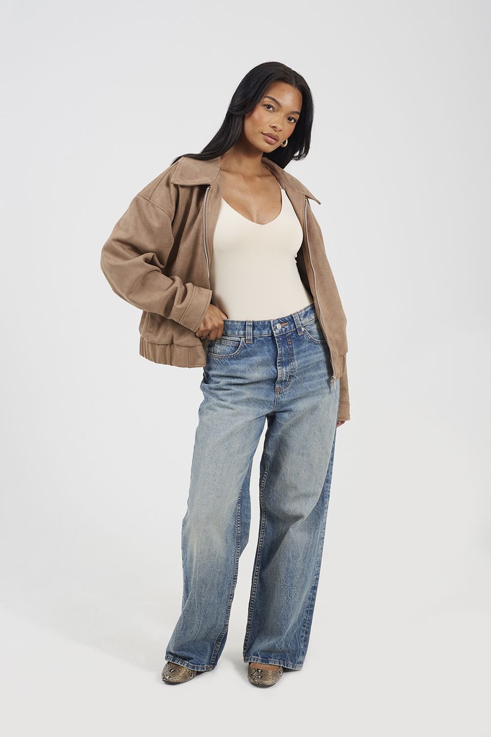 Brave Soul Brave Soul Women's Faux Suede Bomber Jacket in Taupe - 3