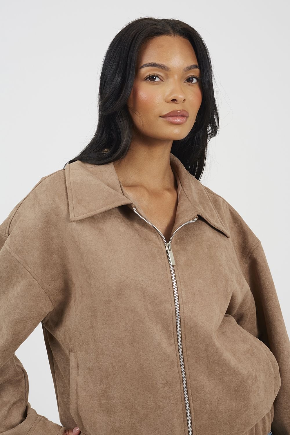Brave Soul Brave Soul Women's Faux Suede Bomber Jacket in Taupe - 4