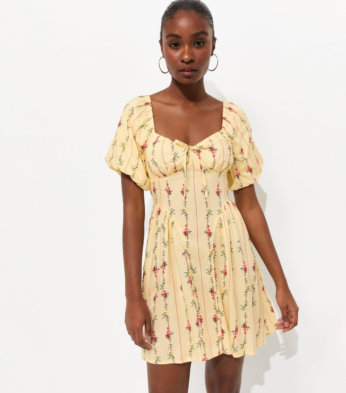 New Look Women's Yellow Rose Print Milkmaid Mini Dress New Look