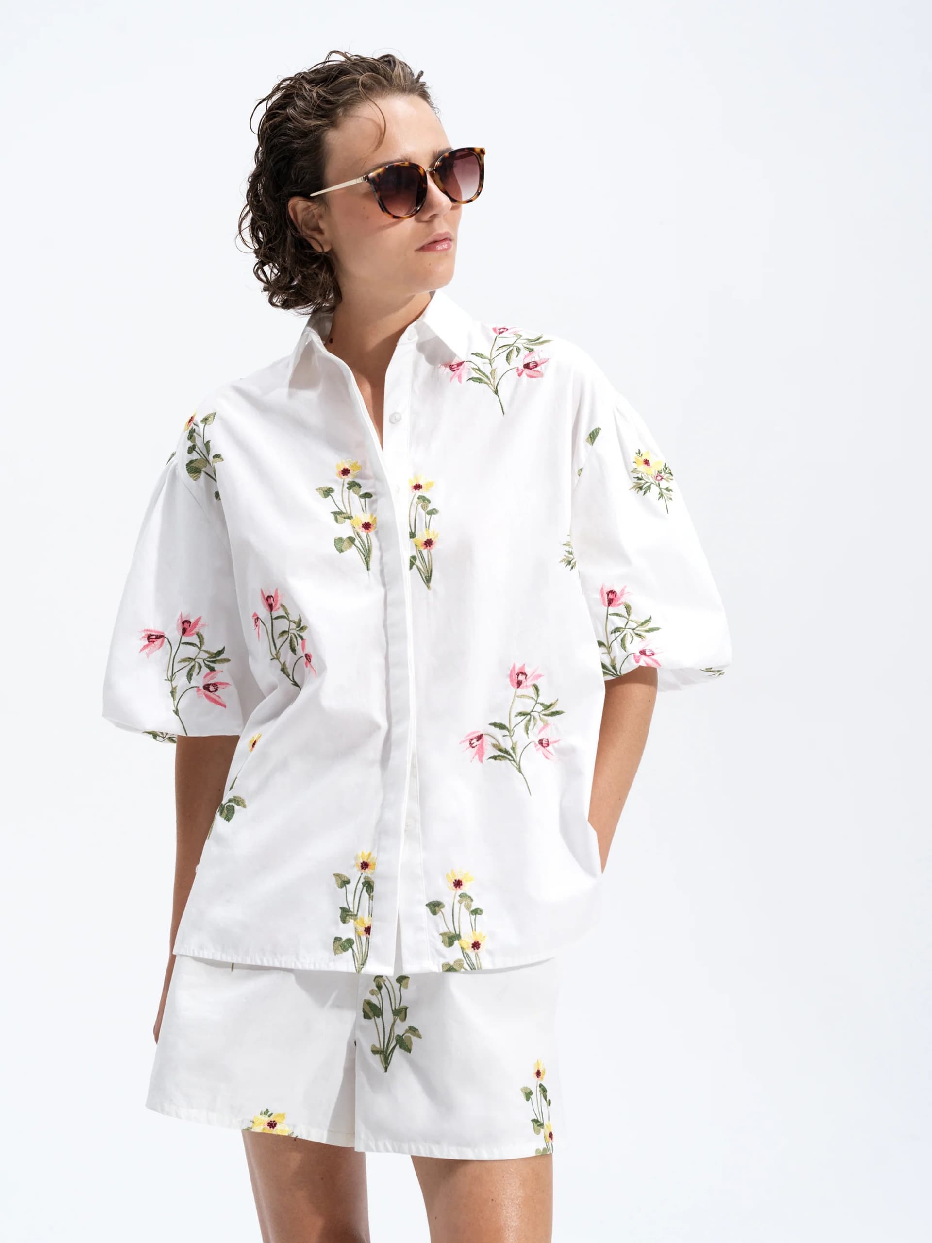 French Connection Cambria Cotton Floral Embroidered Puff Sleeve Shirt Linen White