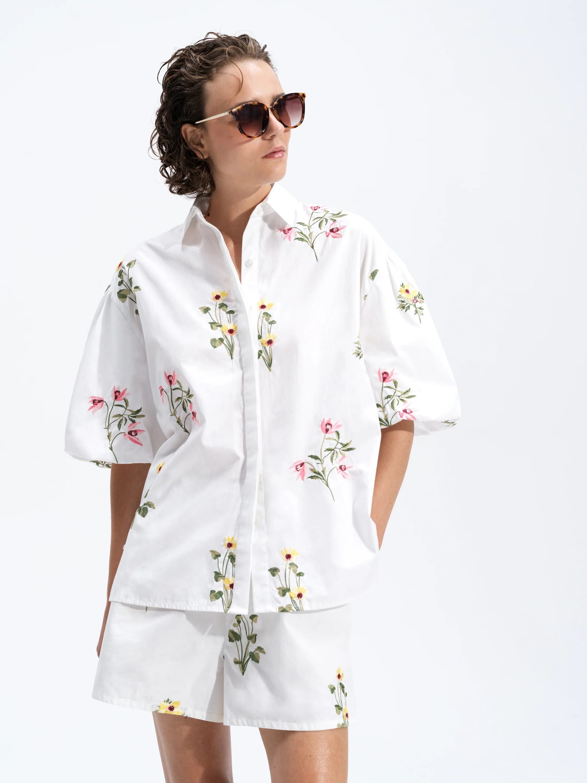 French Connection White Floral Embroidered Puff Sleeve Shirt