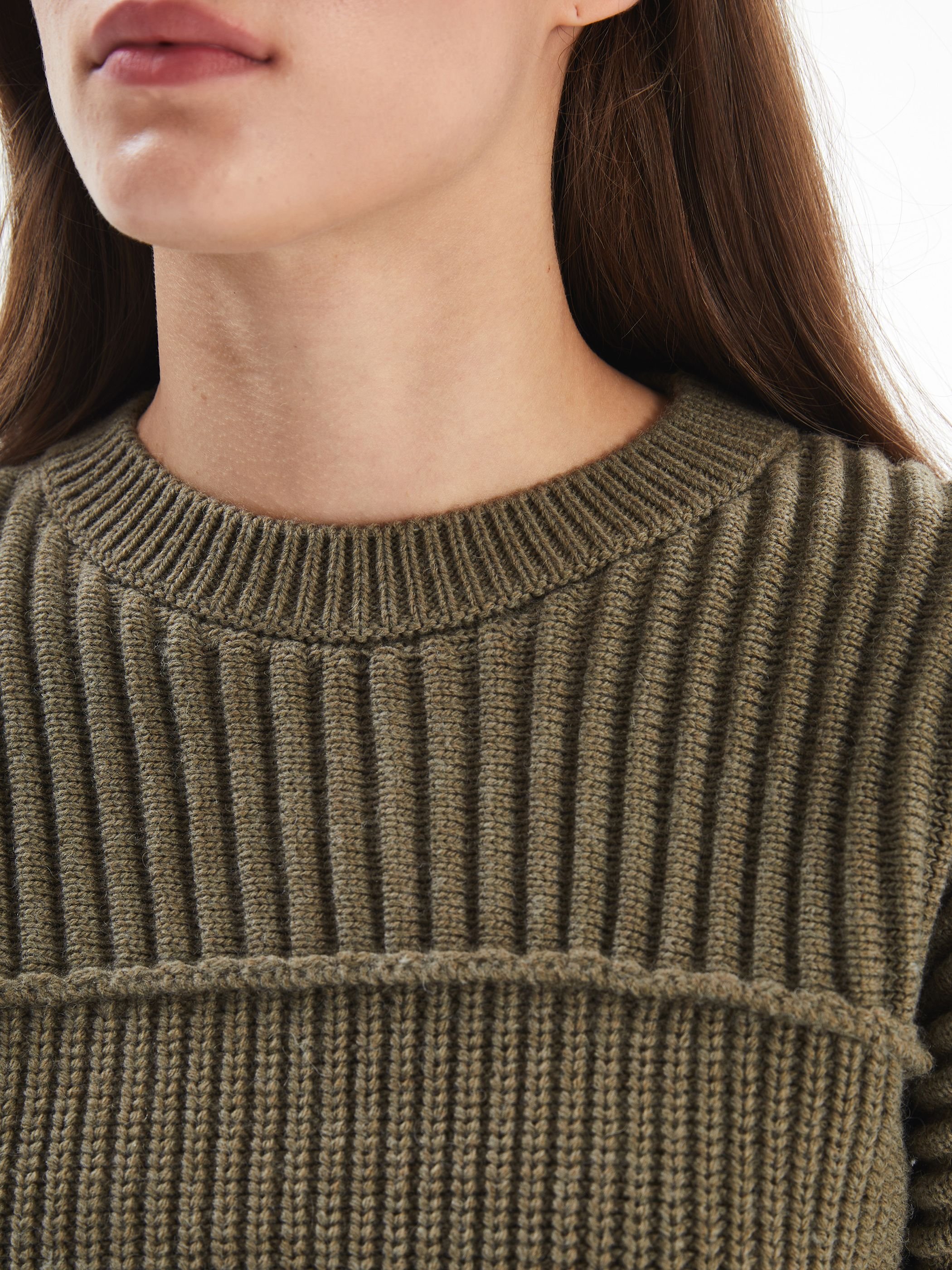 Dexia Dexia Women's Crew Neck Knitted Jumper with Textured Detail Khaki - 3