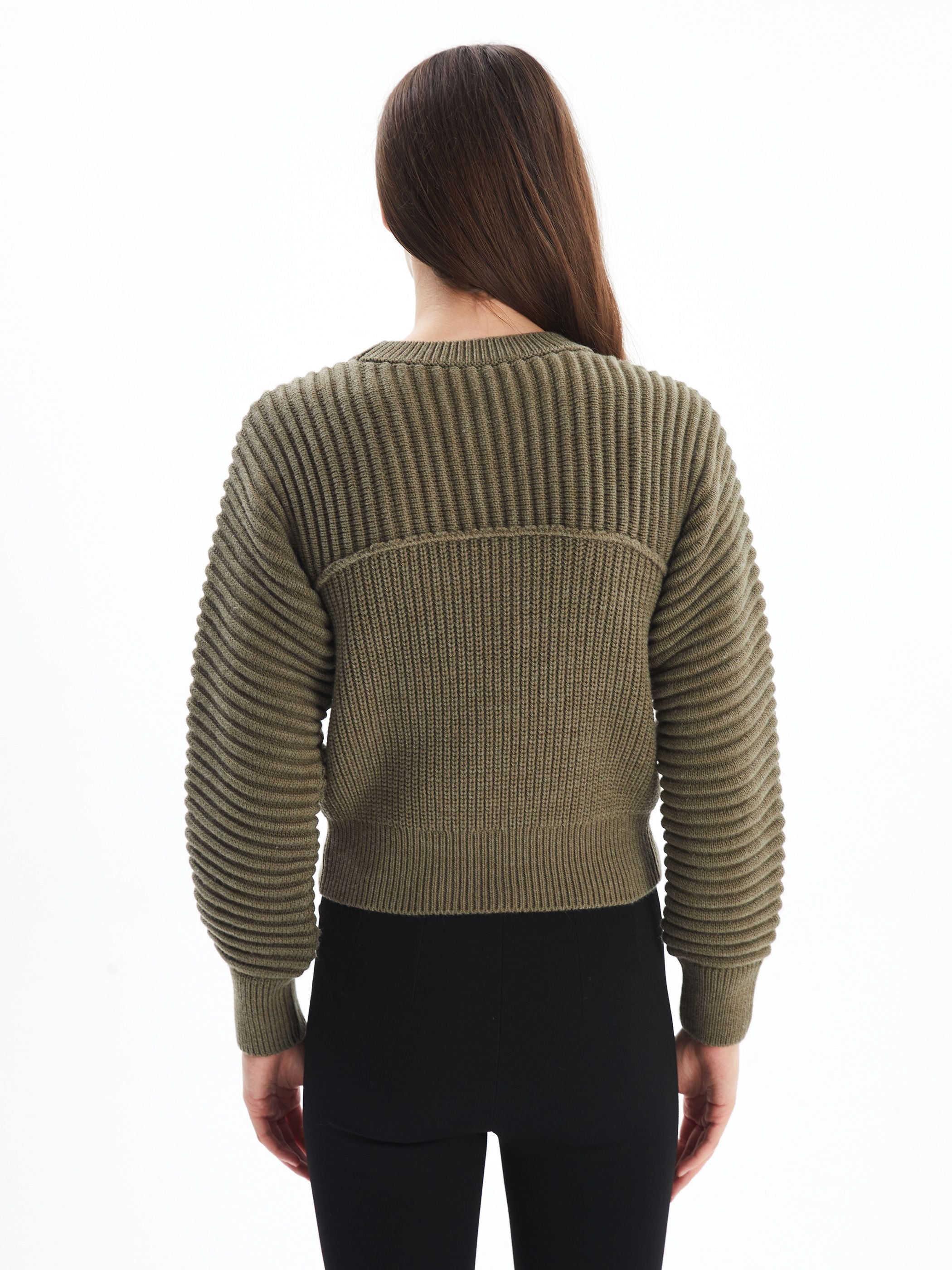 Dexia Dexia Women's Crew Neck Knitted Jumper with Textured Detail Khaki - 4