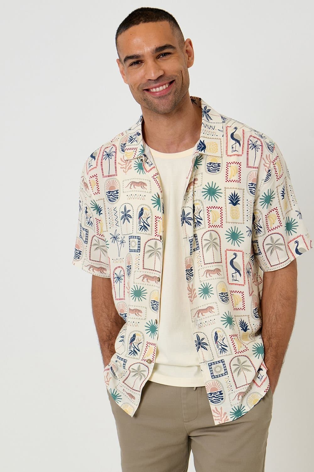 Threadbare Threadbare Men's Tropical Stamp Print Relaxed Fit Short Sleeve Shirt in Cream