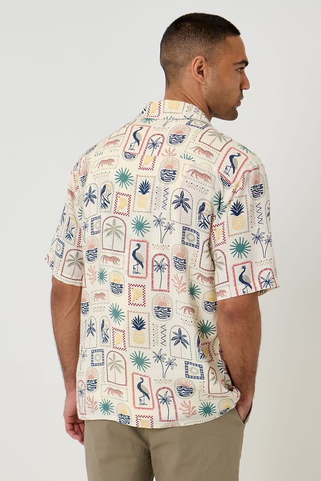Threadbare Threadbare Men's Tropical Stamp Print Relaxed Fit Short Sleeve Shirt in Cream - 2