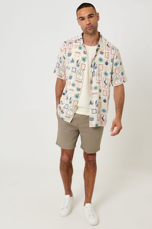 Threadbare Threadbare Men's Tropical Stamp Print Relaxed Fit Short Sleeve Shirt in Cream - 3