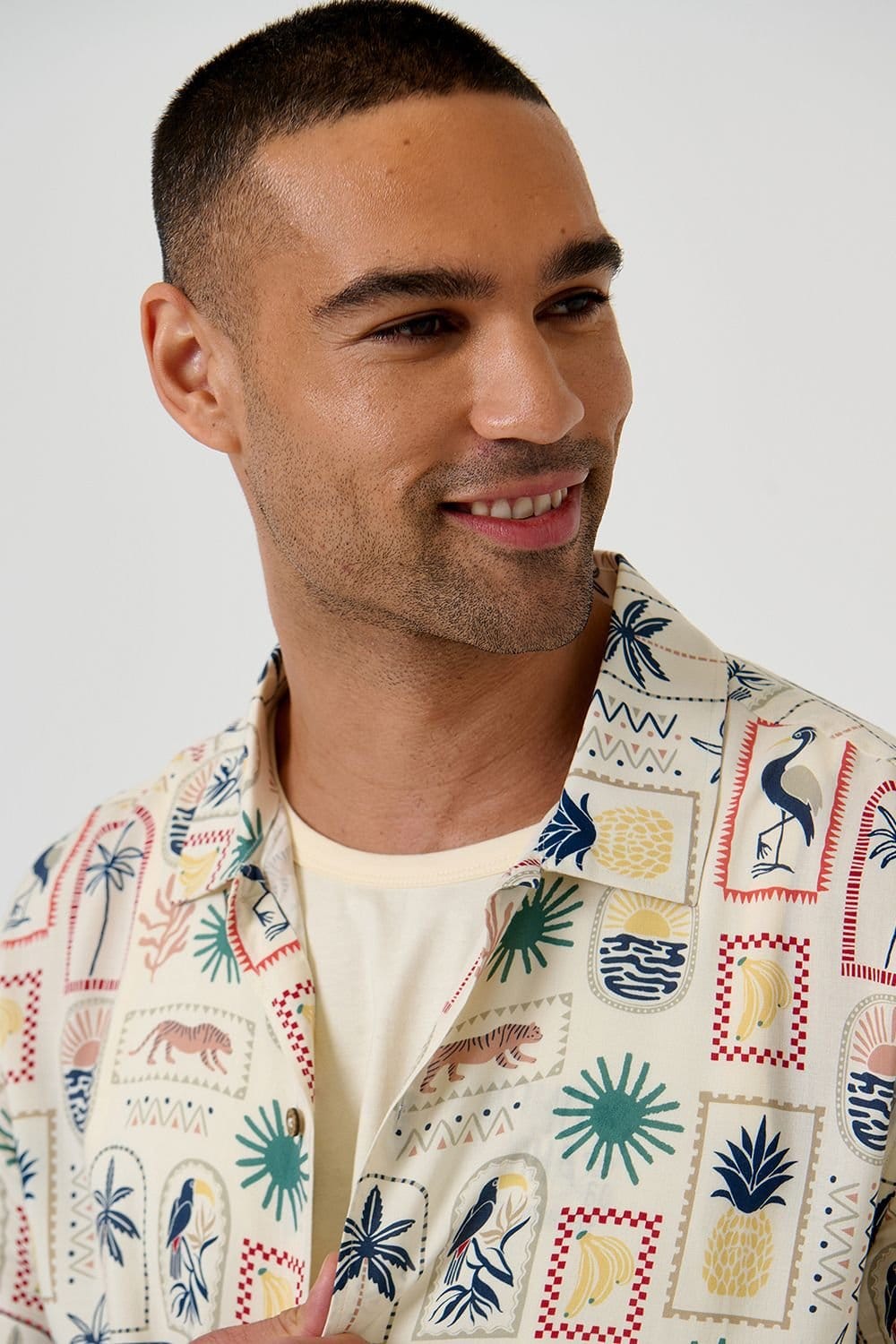 Threadbare Threadbare Men's Tropical Stamp Print Relaxed Fit Short Sleeve Shirt in Cream - 4