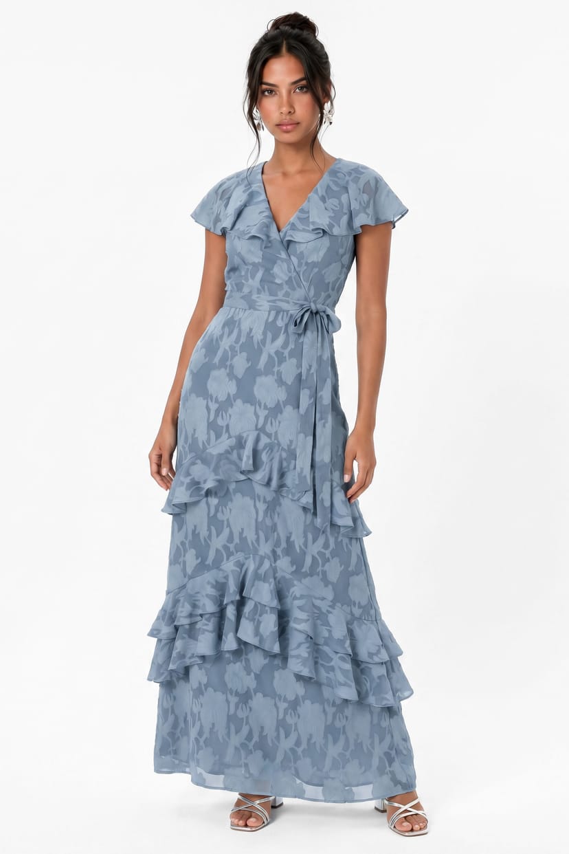 Anaya with Love Anaya with Love Women's Floral Burnout Cape Detail Maxi Dress in Blue - 1