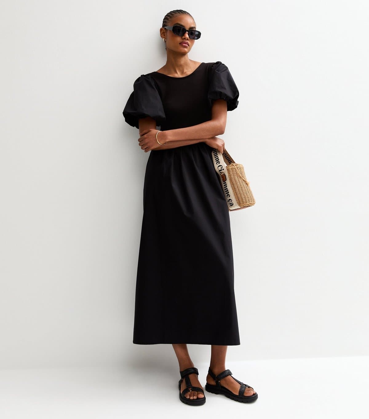 New Look Women's Tall Black Puff Sleeve 2 in 1 Poplin Skirt Midi Dress New Look