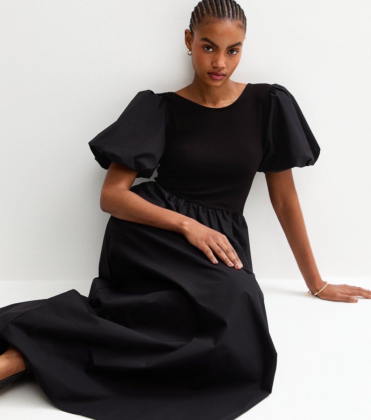 New Look Women's Tall Black Puff Sleeve 2 in 1 Poplin Skirt Midi Dress New Look - 2